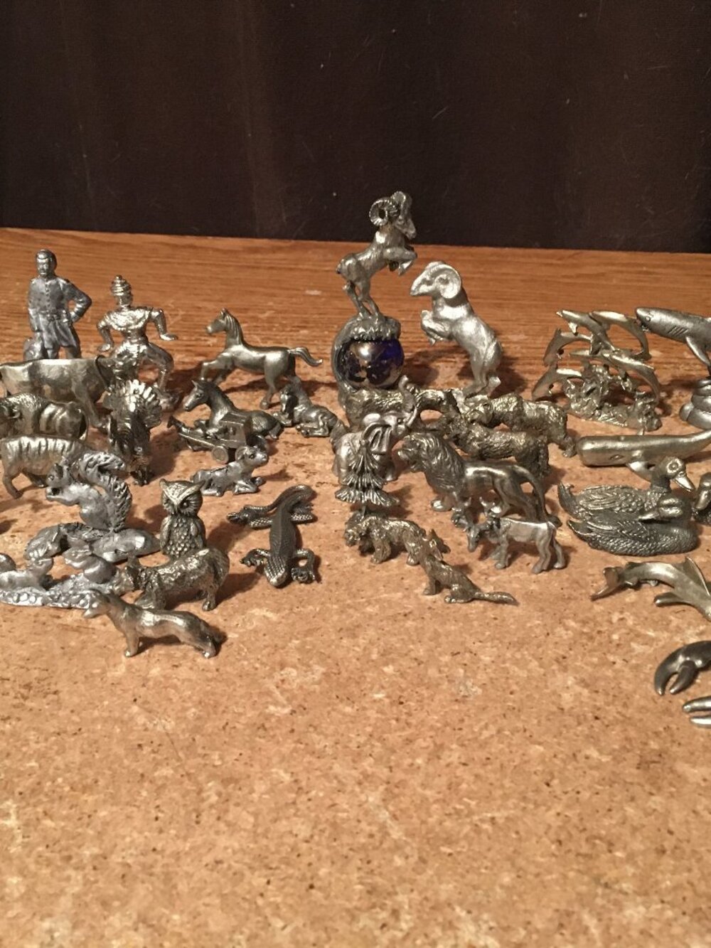 BIG LOT OF 42 MINIATURE PEWTER FIGURINES ANIMALS SEA CREATURES BEAR COW DUCK OWL